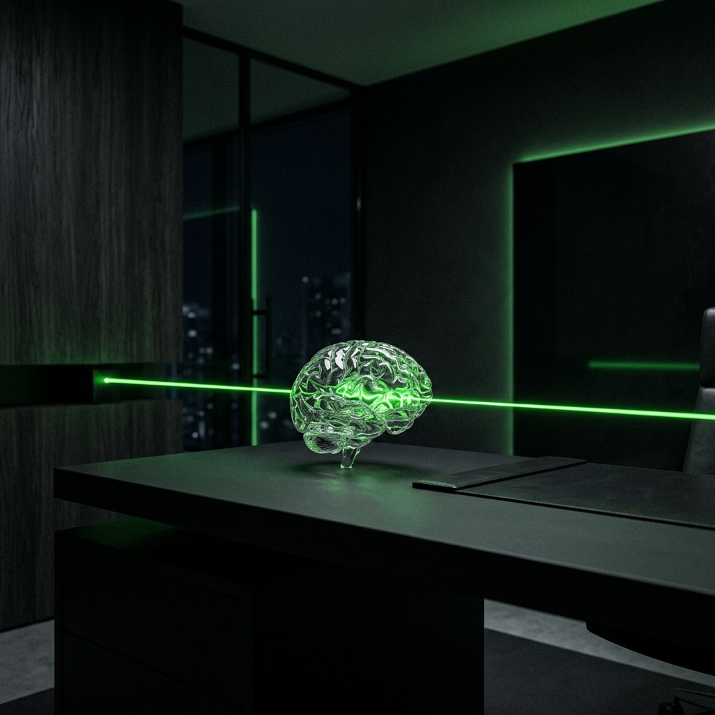 Glass brain pierced by a green laser beam — visualization of the Fit & Wellness neural reset