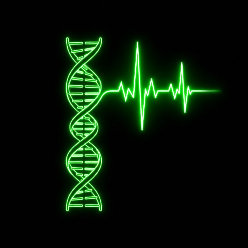 DNA double helix transforming into a green neon heart-rate (HRV) trace — Fit & Wellness biological-age visualization